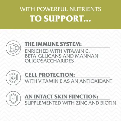 Tekst po angielsku: The immune system – enriched with vitamin C, beta-glucans and mannan oligosaccharides; cell protection – with vitamin E as an antioxidant; an intact skin function – supplemented with zinc and biotin.