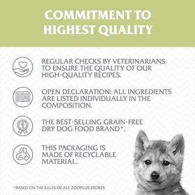 Záväzok najvyššej kvality: pravidelné kontroly veterinármi, otvorené zloženie, najpredávanejšia značka bezobilného suchého krmiva pre psov, obal z recyklovateľného materiálu.