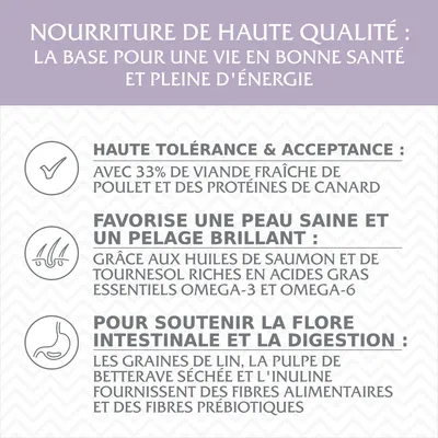 Nourriture de haute qualité : base pour une vie saine. 33 % viande fraîche poulet, protéines de canard, huiles de saumon et tournesol, graines de lin, pulpe de betterave, inuline.