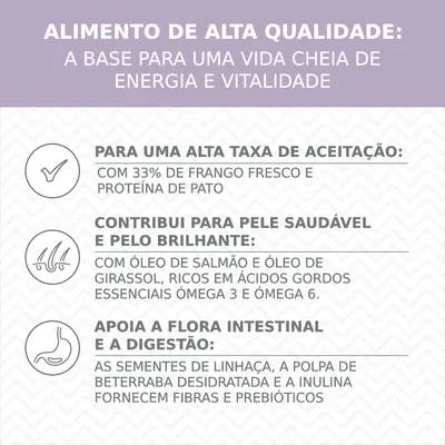 Alimento de alta qualidade: 33% frango fresco e proteína de pato, óleo de salmão e girassol com ómega 3 e 6, sementes de linhaça, beterraba desidratada e inulina para fibras e prebióticos.