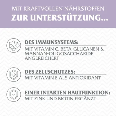 Mit kraftvollen Nährstoffen zur Unterstützung: Immunsystem mit Vitamin C, Beta-Glucanen; Zellschutz mit Vitamin E; Hautfunktion mit Zink und Biotin.