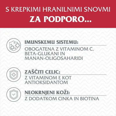 S krepki hranilnimi snovmi za podporo: imunskemu sistemu (vitamin C, beta-glukani, manan-oligosaharidi), zaščiti celic (vitamin E), neokrnjeni koži (cink, biotin).