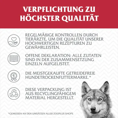 Verpflichtung zu höchster Qualität: regelmässige Kontrollen durch Tierärzte, offene Deklaration der Zutaten, meistgekaufte getreidefreie Hundetrockenfuttermarke, Verpackung aus recycelbarem Material.
