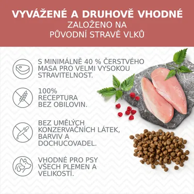 Vyvážené a druhově vhodné. Založeno na původní stravě vlků. 40 % čerstvého masa, bez obilovin, bez umělých látek, vhodné pro psy všech plemen a velikostí.