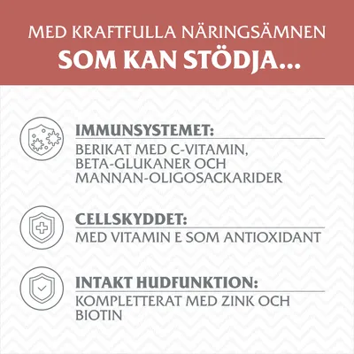 Med kraftfulla näringsämnen som kan stödja: immunsystemet (C-vitamin, beta-glukaner, mannan-oligosackarider), cellskyddet (vitamin E), intakt hudfunktion (zink, biotin).