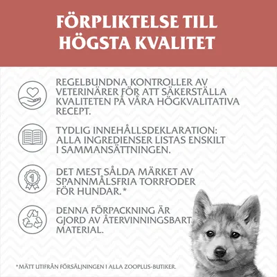 Förpliktelse till högsta kvalitet: regelbundna veterinärkontroller, tydlig innehållsdeklaration, mest sålda spannmålsfria torrfodermärket för hundar, återvinningsbar förpackning.