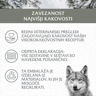 Zavezanost najvišji kakovosti: redni veterinarski pregledi, odprta deklaracija vseh sestavin, embalaža iz recikliranih materialov. Vse besedilo je v slovenščini.