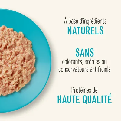 À base d'ingrédients naturels, sans colorants, arômes ou conservateurs artificiels, protéines de haute qualité (texte en fr_BE sur l'image) avec pâtée dans une assiette bleue.