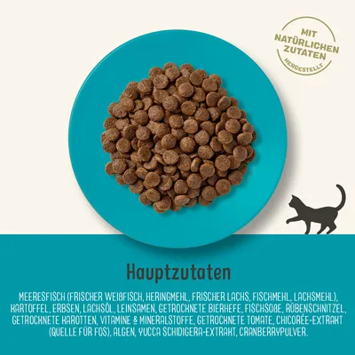 Hauptzutaten: Meeresfisch, Kartoffeln, Erbsen, Lachsöl, Leinsamen, getrocknete Bierhefe, Fischsosse, Karotten, Vitamine & Mineralstoffe. Mit natürlichen Zutaten hergestellt.