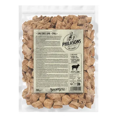 Phil & Sons koiranherkut, keuhkokuutiot lammas pieni, 200g. 100 % lammas, yksittäisproteiini, viljaton ja gluteeniton, ei keinotekoisia säilöntä- tai väriaineita.
