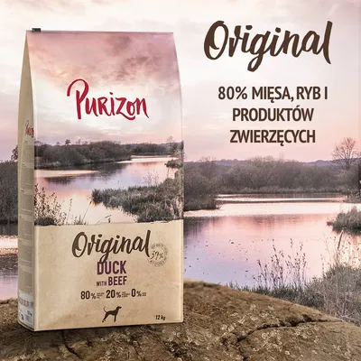 Purizon Original Duck with Beef, 12 kg. 80% mięsa, ryb i produktów zwierzęcych. Widoczny tekst: 80% – 20% – 0%.