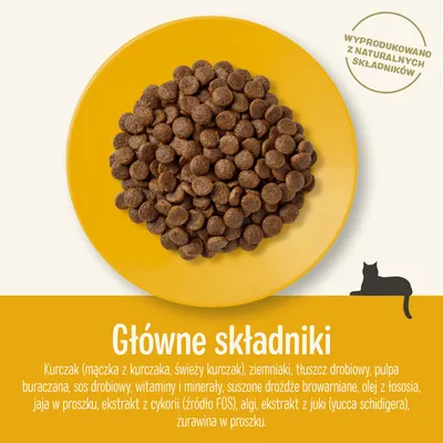 Główne składniki: kurczak, ziemniaki, tłuszcz drobiowy, pulpa buraczana, sos drobiowy, witaminy i minerały, drożdże, olej z łososia, jaja w proszku, cykoria, algi, yucca, żurawina.