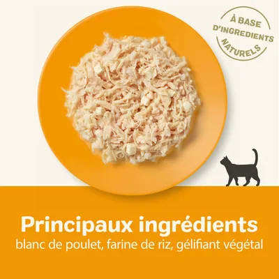 Principaux ingrédients : blanc de poulet, farine de riz, gélifiant végétal. À base d'ingrédients naturels. Assiette de nourriture pour chat visible.