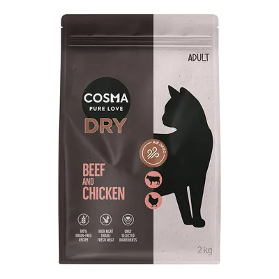 Cosma Pure Love Dry Beef and Chicken, Adult, 2 kg. Recette sans céréales, forte teneur en viande fraîche, ingrédients sélectionnés. Texte en anglais sur l'emballage.