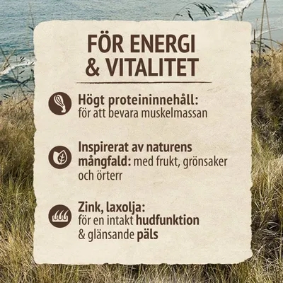 För energi & vitalitet. Högt proteininnehåll för att bevara muskelmassan. Inspirerat av naturens mångfald med frukt, grönsaker och örter. Zink, laxolja för hudfunktion och glansande päls.