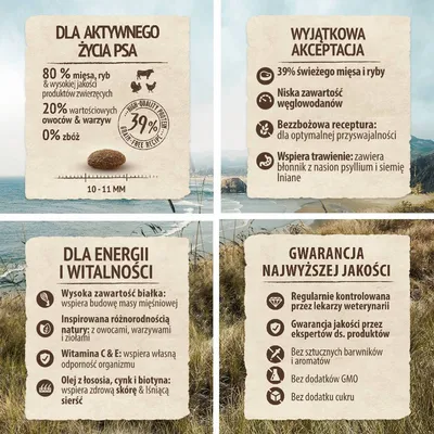 80 % mięsa, ryb i produktów zwierzęcych, 20 % owoców i warzyw, 0 % zbóż, 39 % świeżego mięsa i ryby, bezzbożowa receptura, wysoka zawartość białka, bez GMO, bez cukru, kontrola weterynaryjna