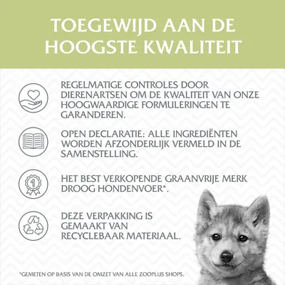 Toegewijd aan de hoogste kwaliteit: regelmatige controles door dierenartsen, open declaratie ingrediënten, best verkopend graanvrij droog hondenvoer, verpakking van recyclebaar materiaal.