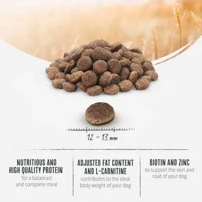 Trockenfutterkroketten, Grösse 12-13 mm. Enthält hochwertiges Protein, angepasstes Fett und L-Carnitin für ideales Körpergewicht sowie Biotin und Zink zur Unterstützung von Haut und Fell.