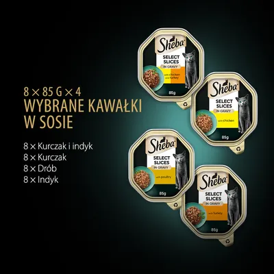 Sheba Select Slices in Gravy, 8×85 g×4. Wybrane kawałki w sosie: 8×kurczak i indyk, 8×kurczak, 8×drób, 8×indyk. Opakowania z widocznym kotem na etykiecie.