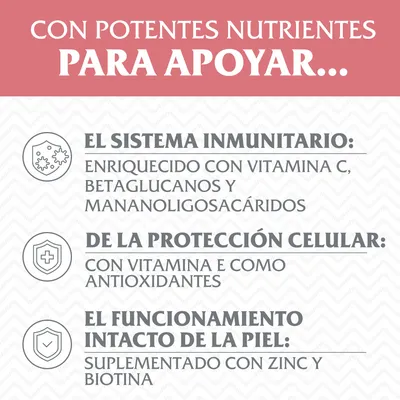 Con potentes nutrientes para apoyar: sistema inmunitario con vitamina C, betaglucanos y mananoligosacáridos; protección celular con vitamina E y antioxidantes; piel con zinc y biotina.
