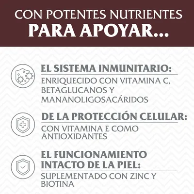 Con potentes nutrientes para apoyar sistema inmunitario, protección celular y funcionamiento intacto de la piel. Enriquecido con vitamina C, E, betaglucanos, mananoligosacáridos, zinc y biotina.