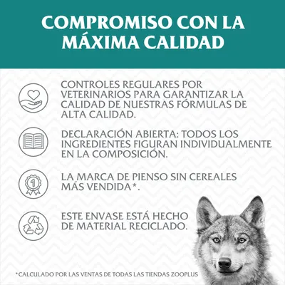 Compromiso con la máxima calidad: controles veterinarios, declaración abierta de ingredientes, marca de pienso sin cereales más vendida, envase de material reciclado. Calculado por ventas Zooplus.