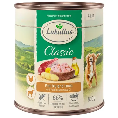 Lukullus Classic Adult, hydina a jahňacie s zemiakmi a ľanovým olejom. Bezobilninová receptúra, 66 % vybraných živočíšnych zložiek, zelenina, bylinky a oleje. 800 g konzerva.