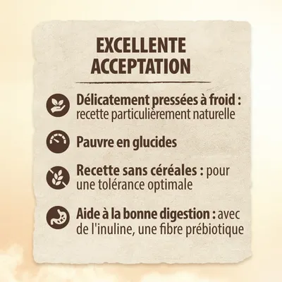 EXCELLENTE ACCEPTATION. Délicatement pressées à froid : recette particulièrement naturelle. Pauvre en glucides. Recette sans céréales : pour une tolérance optimale. Aide à la bonne digestion.
