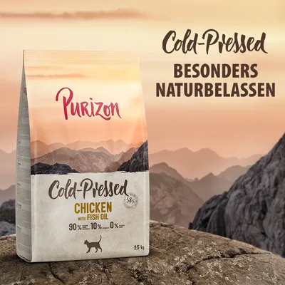 Purizon Cold-Pressed Chicken with Fish Oil, besonders naturbelassen, 2,5 kg. 90% tierische Zutaten, 10% pflanzlich, 0% Getreide.