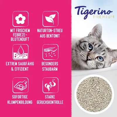 Tigerino Premium Katzenstreu mit frischem Febreze-Blütenduft, Naturton aus Bentonit, extrem saugfähig, besonders staubarm, sofortige Klumpenbildung, starke Geruchskontrolle.