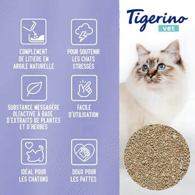 Tigerino vet. Complément de litière en argile naturelle, pour chats stressés, substance olfactive plantes et herbes, facile d’utilisation, idéal chatons, doux pour les pattes.
