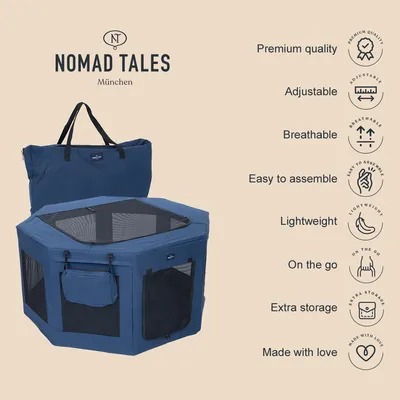 Nomad Tales München. Tragbare blaue Transportbox mit Tasche, atmungsaktiv, leicht, einfach aufzubauen, verstellbar, extra Stauraum, Premium-Qualität, hergestellt mit Liebe.