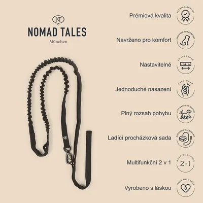 Vodítko Nomad Tales München, černé, s texty: Prémiová kvalita, Navrženo pro komfort, Nastavitelné, Jednoduché nasazení, Plný rozsah pohybu, Ladící procházková sada, Multifunkční 2 v 1, Vyrobeno s láskou.