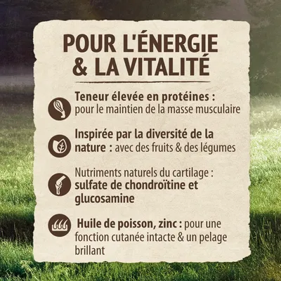 Pour l’énergie et la vitalité : teneur élevée en protéines, inspirée par la diversité de la nature, sulfate de chondroïtine et glucosamine, huile de poisson, zinc.