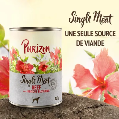 Purizon Single Meat Beef with Hibiscus Blossoms, 400g. Texte visible : 'Single Meat', 'Une seule source de viande', 13 % viande de bœuf. Illustration de fleurs d’hibiscus sur l’emballage.
