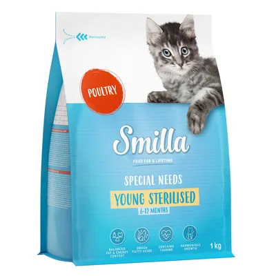 Smilla Special Needs Young Sterilised 6–12 months, volaille, 1 kg. Texte visible : balanced fat & energy content, omega fatty acids, contains taurine, harmonious growth.
