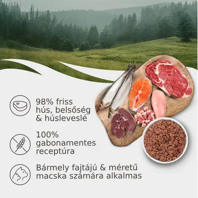 98% friss hús, belsőség & húsleveslé; 100% gabonamentes receptúra; bármely fajtájú & méretű macska számára alkalmas. Nyers húsok és halak tálalva.