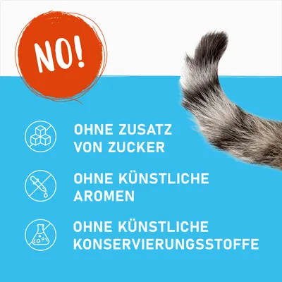 Ohne Zusatz von Zucker, ohne künstliche Aromen, ohne künstliche Konservierungsstoffe. Hinweis mit Katzenmotiv.