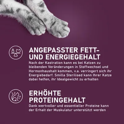 Angepasster Fett- und Energiegehalt sowie erhöhter Proteingehalt. Smilla Sterilised hilft Katzen nach der Kastration, ihr Idealgewicht zu erhalten und die Muskulatur zu unterstützen.