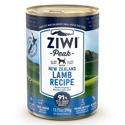 Boîte de nourriture pour chien Ziwi Peak New Zealand Lamb Recipe, recette d’agneau, 91 % viande, abats et moules vertes NZ, 390 g, sans céréales, élevage en plein air, texte en anglais.
