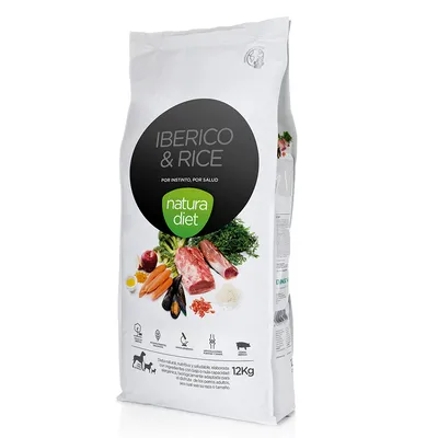 Natura Diet Iberico & Rice, 12 kg. Ainesosat: ibericopossunliha, riisi, porkkana, vihannekset ja simpukat. Sopii koirille. Kuvaus espanjaksi näkyvissä.