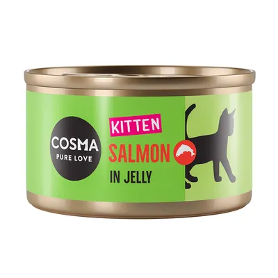 Boîte Cosma Pure Love, texte visible : KITTEN SALMON IN JELLY, illustration de chat noir sur fond vert.