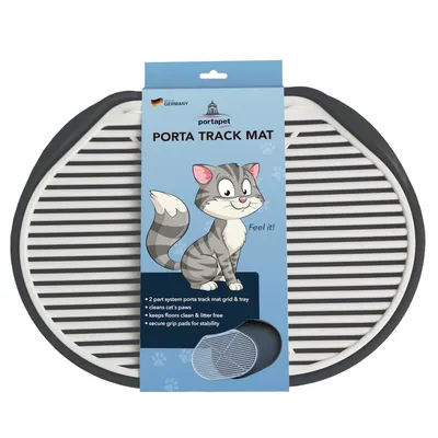 Tappetino portapet Porta Track Mat per gatti, confezione con illustrazione di gatto e testo in inglese sulle funzioni: sistema a 2 parti, pulizia zampe, mantiene pavimenti puliti.