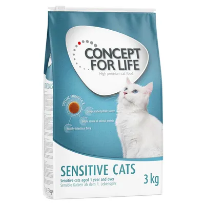 Bag labelled Concept for Life Sensitive Cats, 3kg. Highlights: single carbohydrate source, single animal protein source, healthy intestinal flora. For sensitive cats aged 1 year and over.