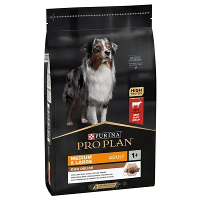 Sac hrană uscată Purina Pro Plan Medium & Large Adult 1+ Duo Delice, proteină ridicată, ingredient principal vită, fără coloranți adăugați. Imagine cu un câine pe ambalaj.
