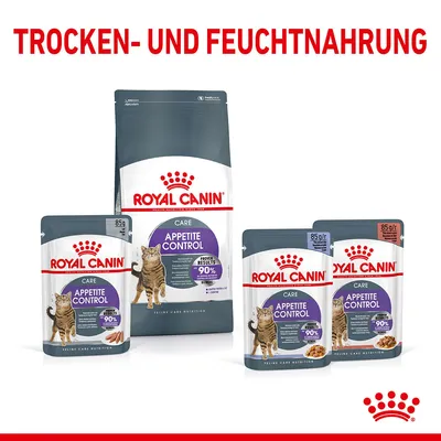 Royal Canin Care Appetite Control suha i mokra hrana za mačke, pakiranja od 85 g. Tekst na njemačkom: TROCKEN- UND FEUCHTNAHRUNG.