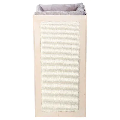 Tiragraffi rettangolare in legno chiaro con pannello frontale in sisal e interno rivestito in tessuto grigio visibile nella parte superiore.