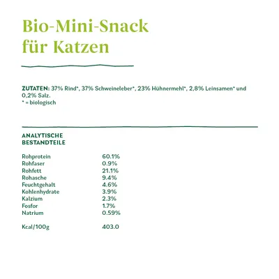 Bio-Mini-Snack für Katzen. Состав: 37% говядина*, 37% свиная печень*, 23% куриная мука*, 2,8% льняное семя*, 0,2% соль. Анализ: белок 60,1%, жир 21,1%, зола 9,4%. *био