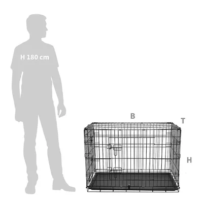 Comparaison de taille : cage en métal noir avec plateau, dimensions indiquées par B (largeur), H (hauteur), T (profondeur), silhouette humaine à gauche mesurant 180 cm.