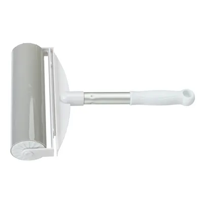 White lint roller with plastic handle and washable adhesive surface, suitable for removing pet hair.
